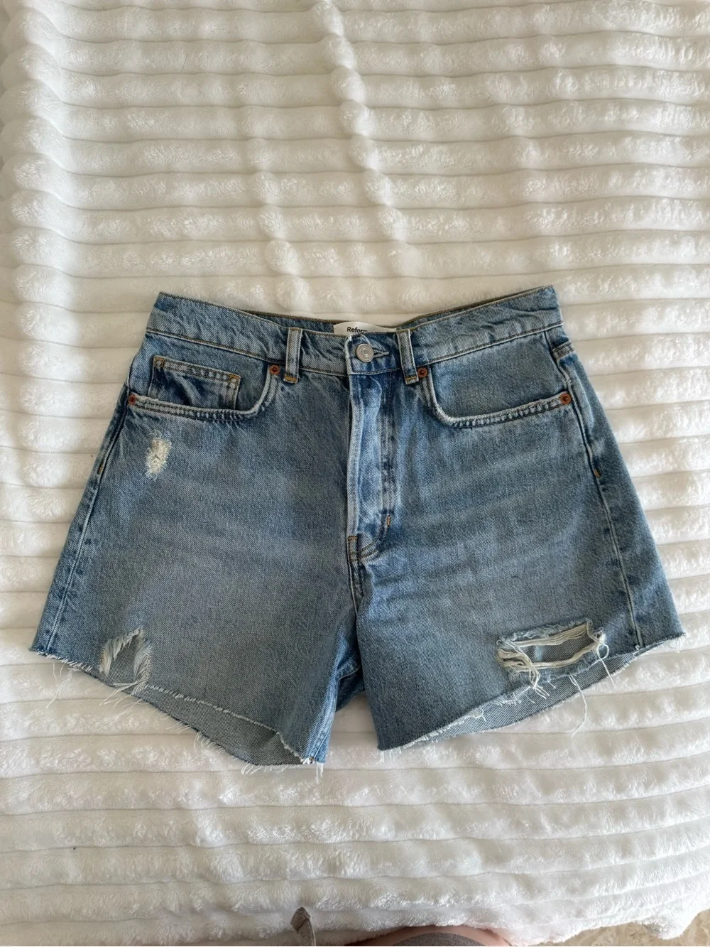 Reformation Light Blue Distressed Denim Shorts